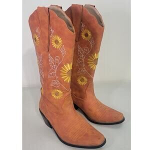 Sunflower Embroidered Cowgirl Boots Orange Faux Leather Floral Boots Womens 36